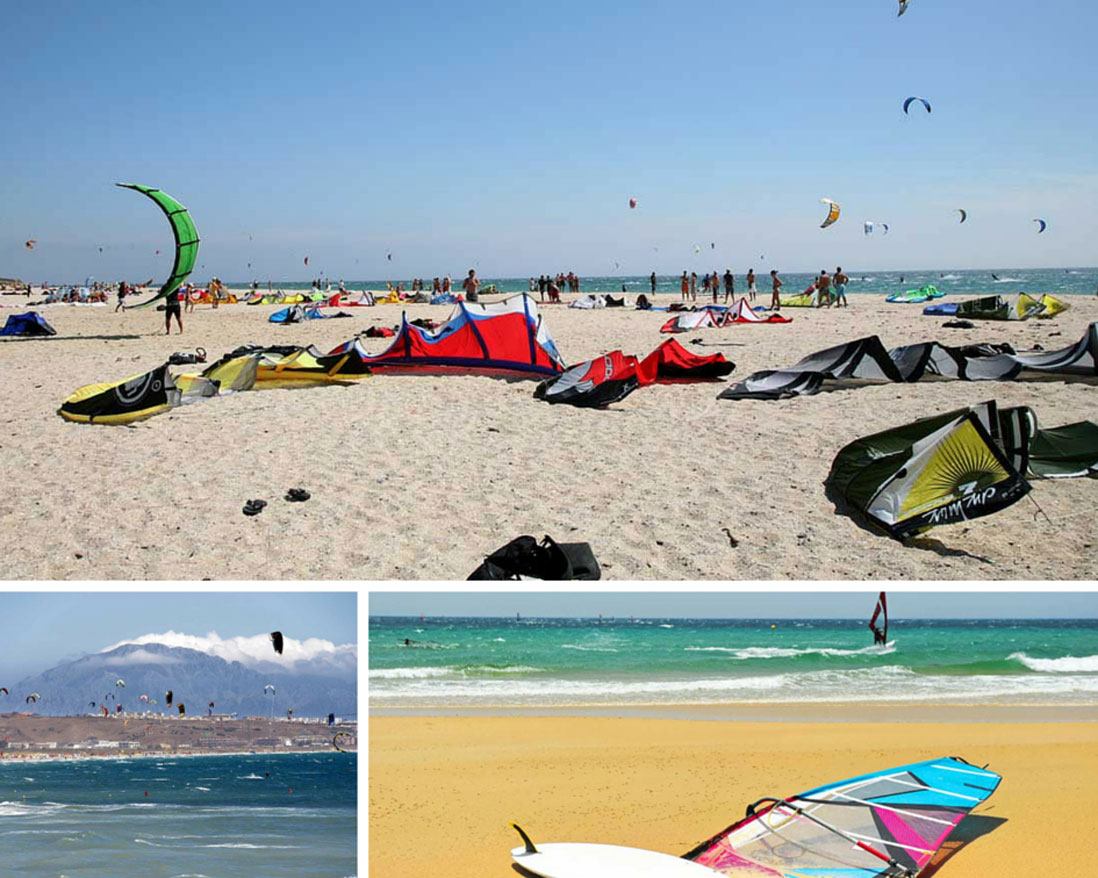 Decenas de cometas de kitesurf en Playa de los Lances, Tarifa